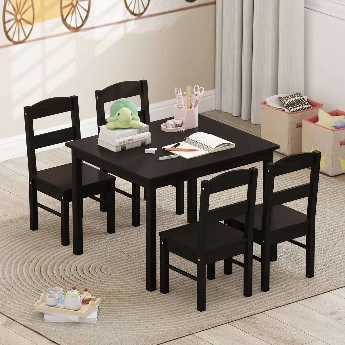 Kids Table and 4 Chairs Set for Toddlers Dining, Drawing, Reading-Dark Brown