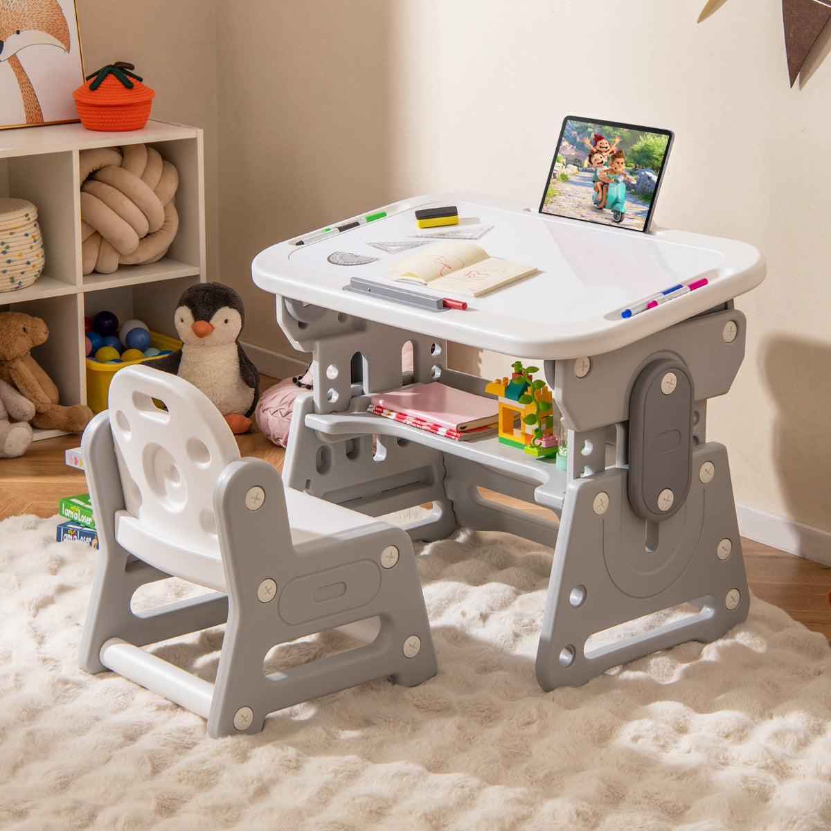Kids Table and Chair Set with Tiltable Whiteboard and Book Stand-Grey