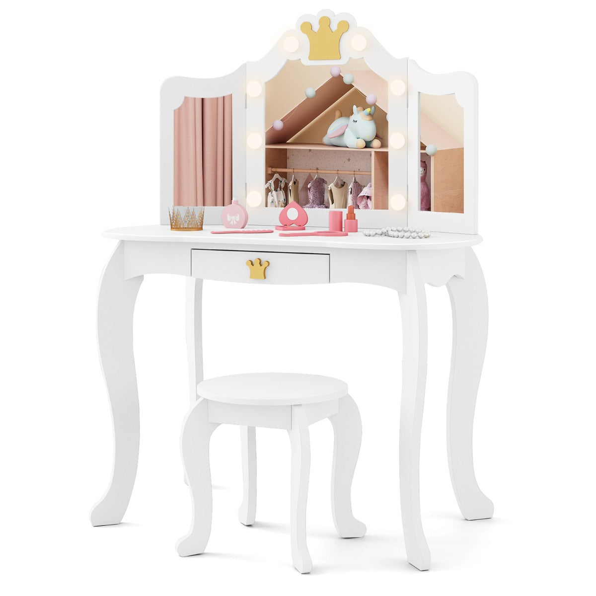 Kids Vanity Set with Lighted Mirror and Adjustable Brightness Pull-out Drawer and Stool-White