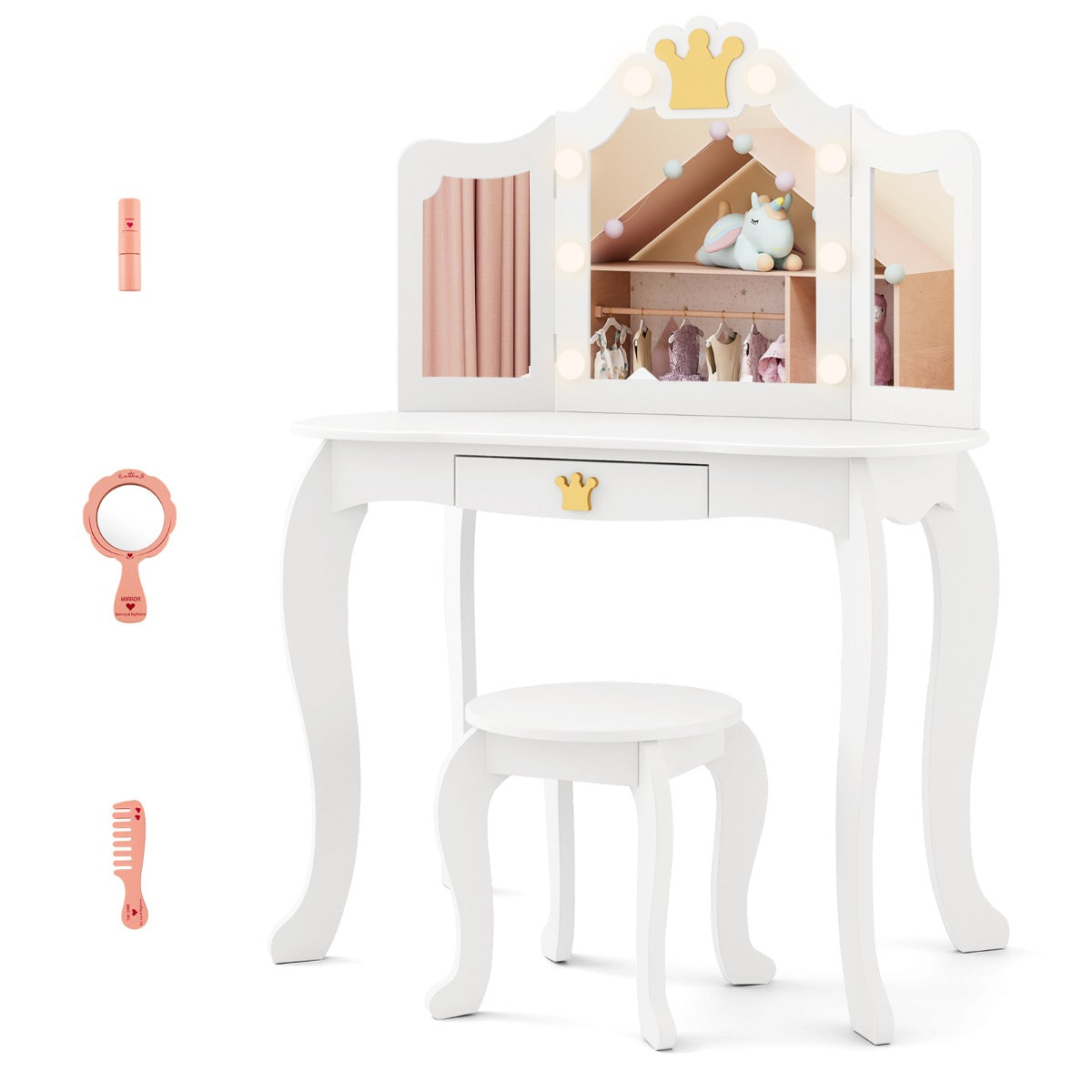 Kids Vanity Set with Lighted Mirror and Adjustable Brightness Pull-out Drawer and Stool-White