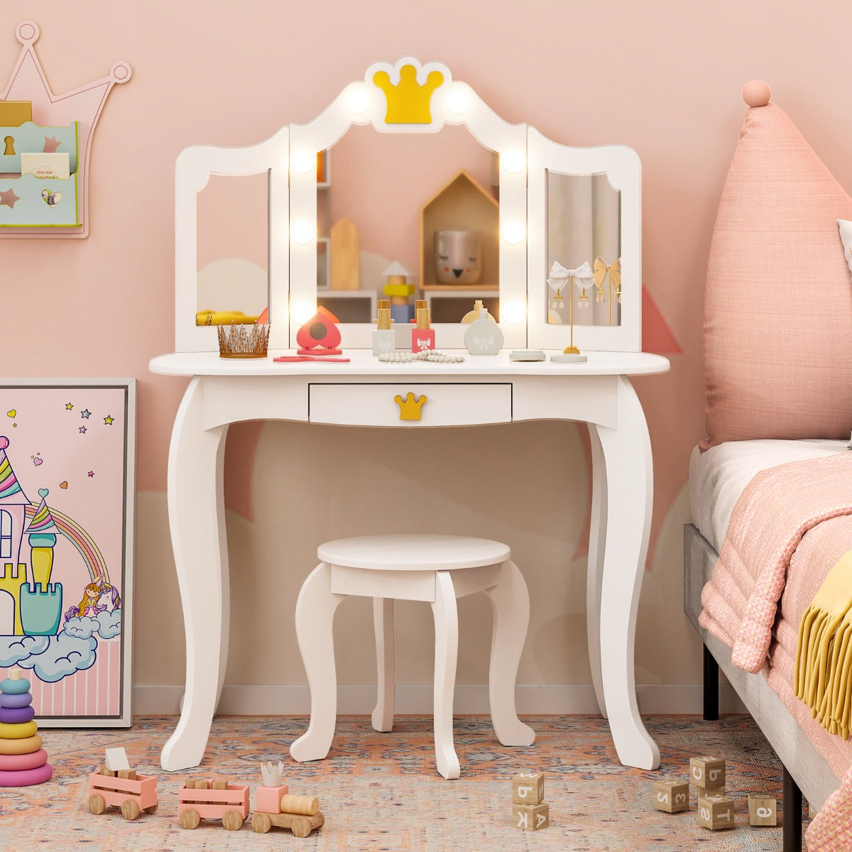 Kids Vanity Set with Lighted Mirror and Adjustable Brightness Pull-out Drawer and Stool-White