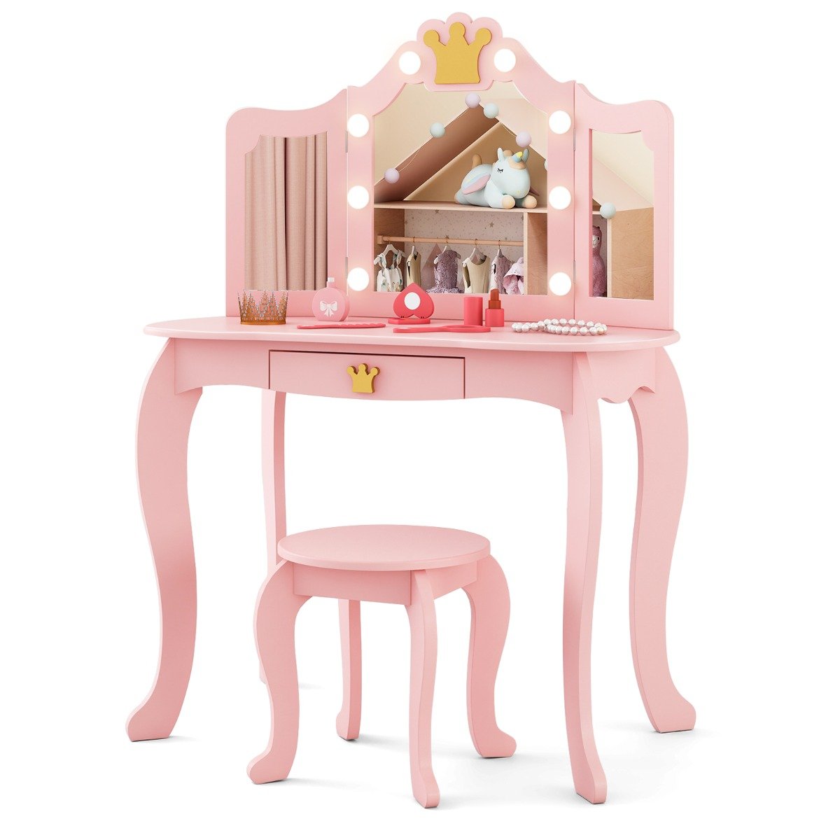 Kids Vanity Set with Lighted Mirror and Adjustable Brightness Pull-out Drawer and Stool-Pink