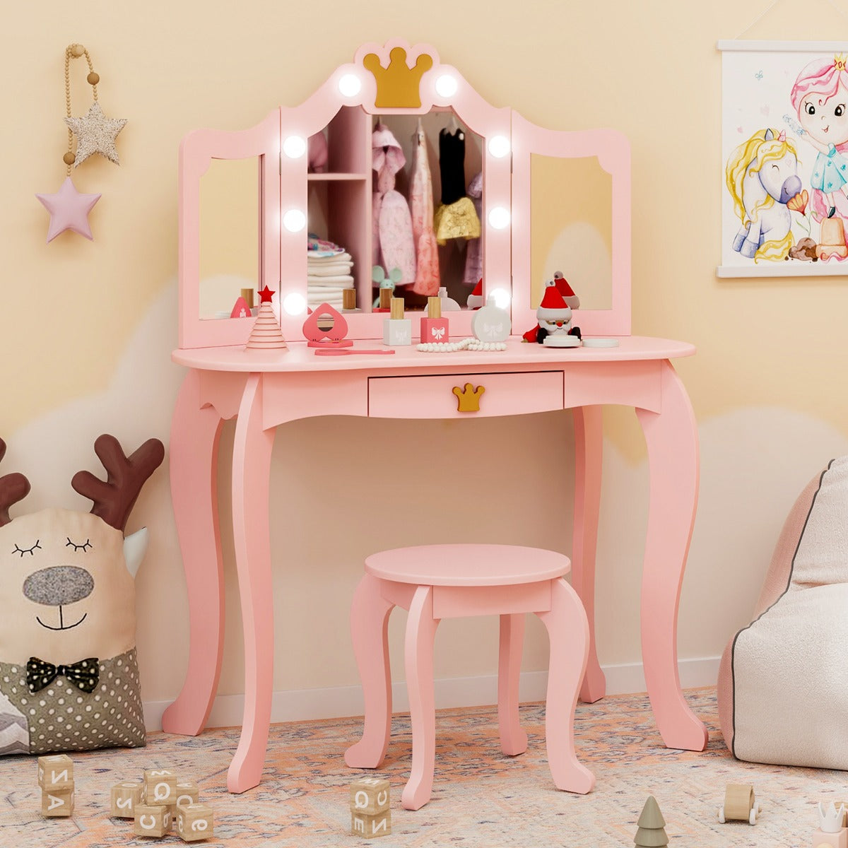 Kids Vanity Set with Lighted Mirror and Adjustable Brightness Pull-out Drawer and Stool-Pink