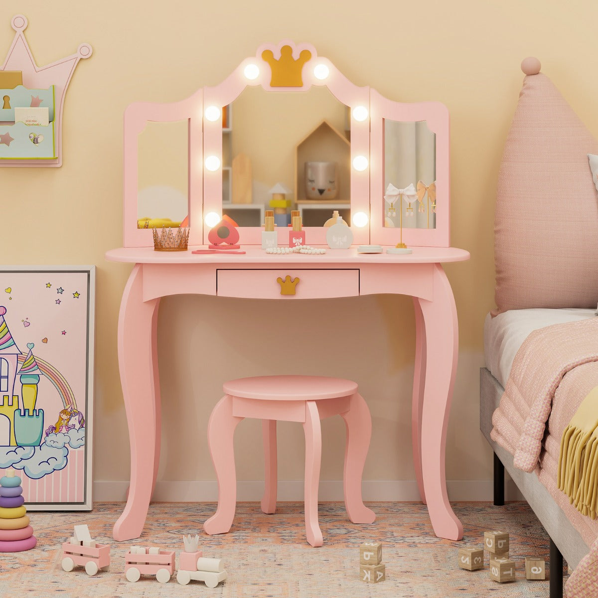Kids Vanity Set with Lighted Mirror and Adjustable Brightness Pull-out Drawer and Stool-Pink