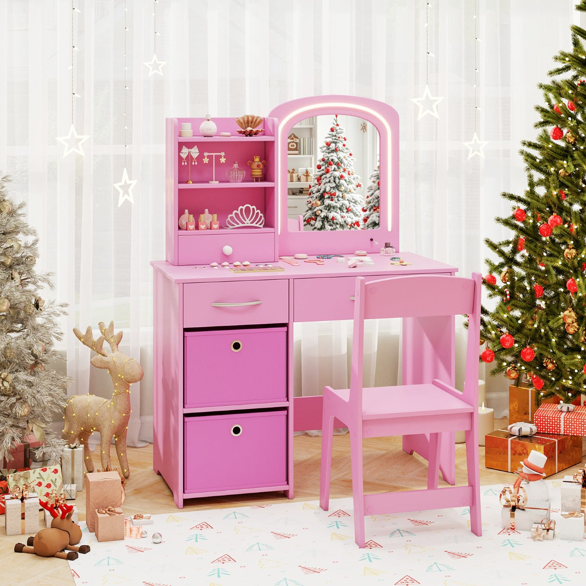 Kids Vanity Set with Lighted Mirror and Storage Drawers-Pink