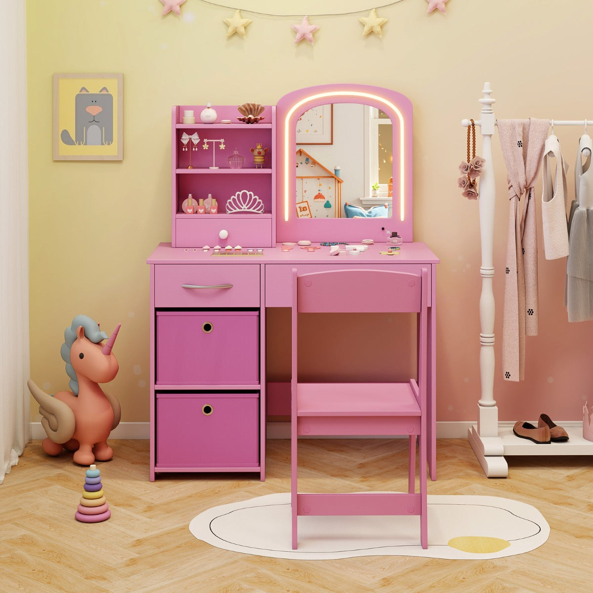 Kids Vanity Set with Lighted Mirror and Storage Drawers-Pink