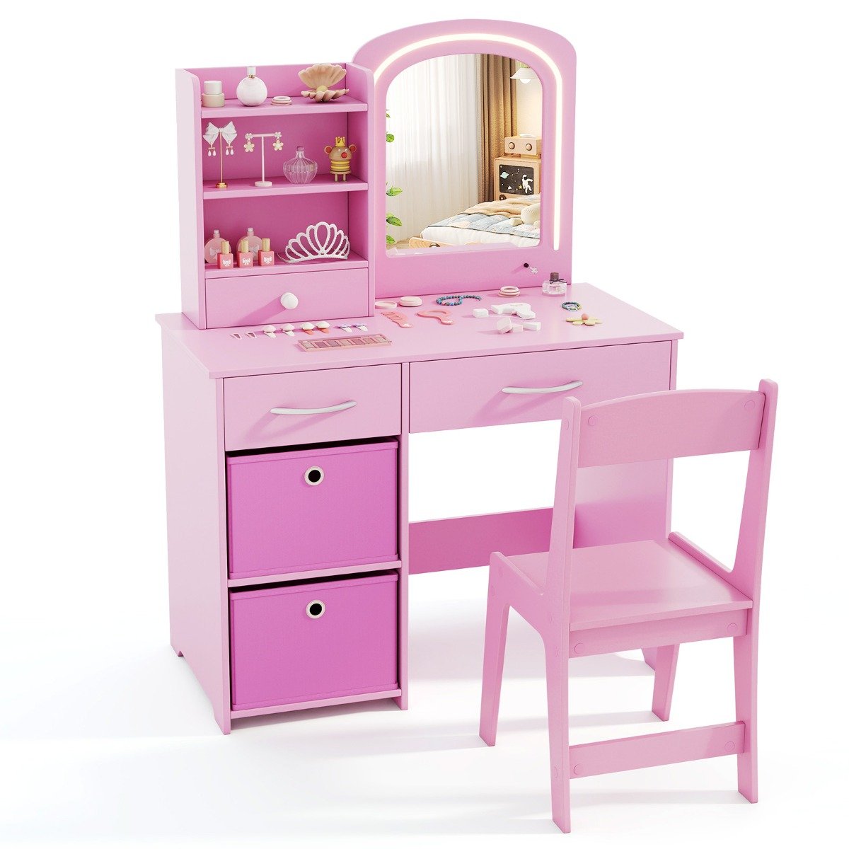 Kids Vanity Set with Lighted Mirror and Storage Drawers-Pink