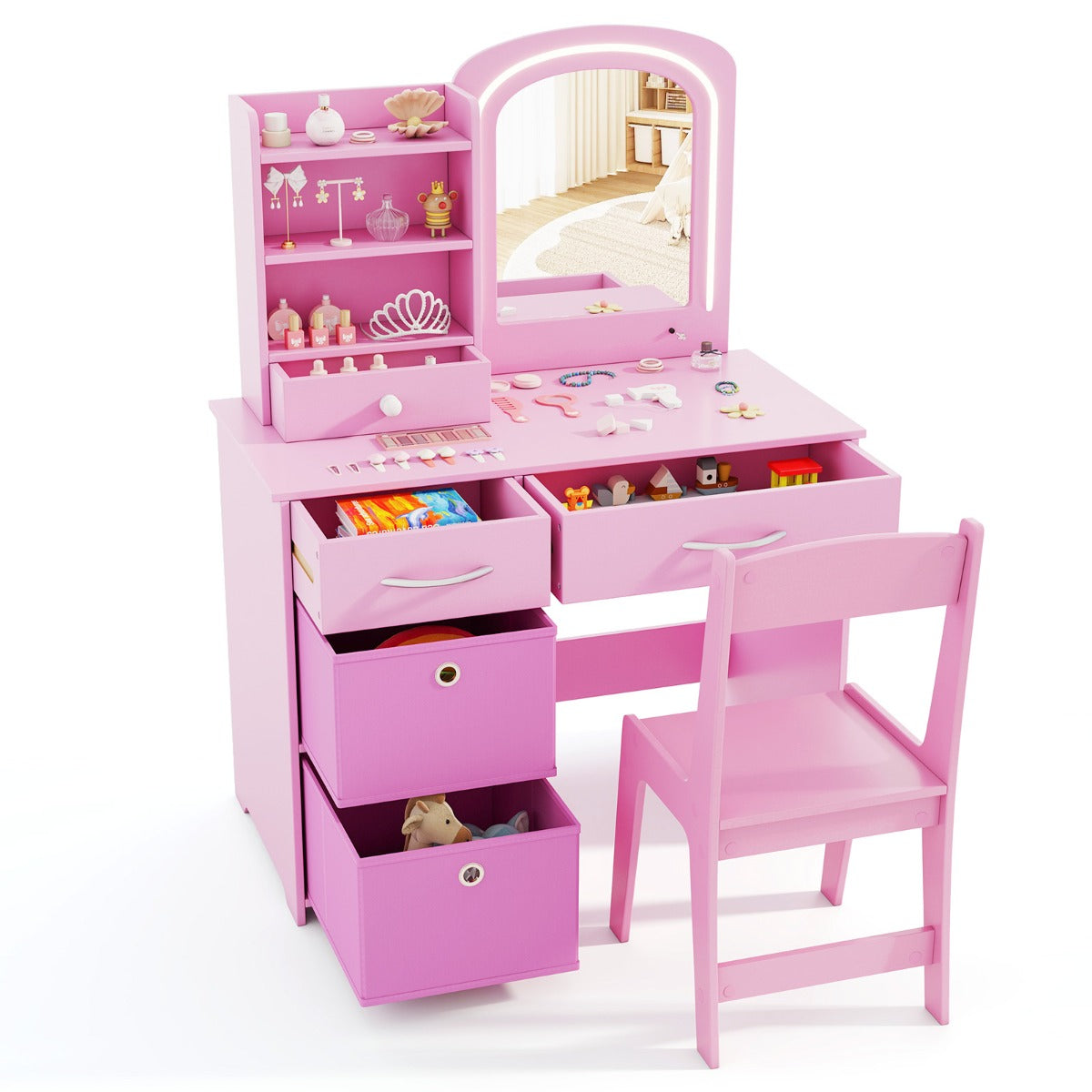 Kids Vanity Set with Lighted Mirror and Storage Drawers-Pink
