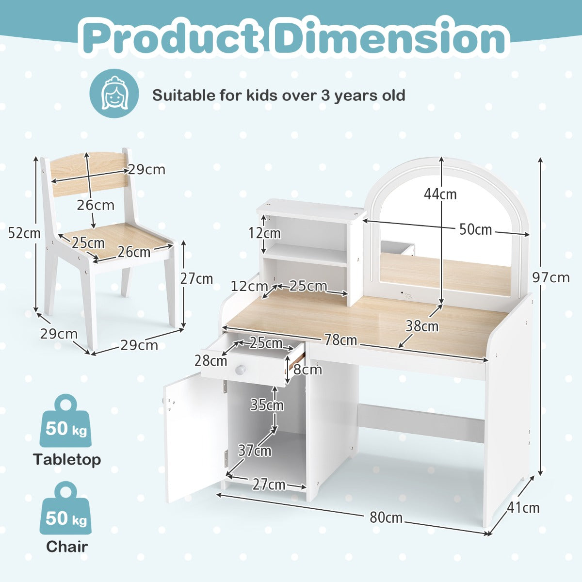 Kids Vanity Table and Chair Set with Shelves Drawer and Cabinet-Natural & White