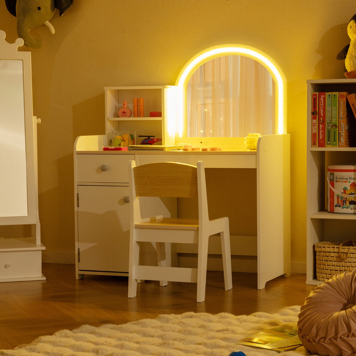 Kids Vanity Table and Chair Set with Shelves Drawer and Cabinet-Natural & White