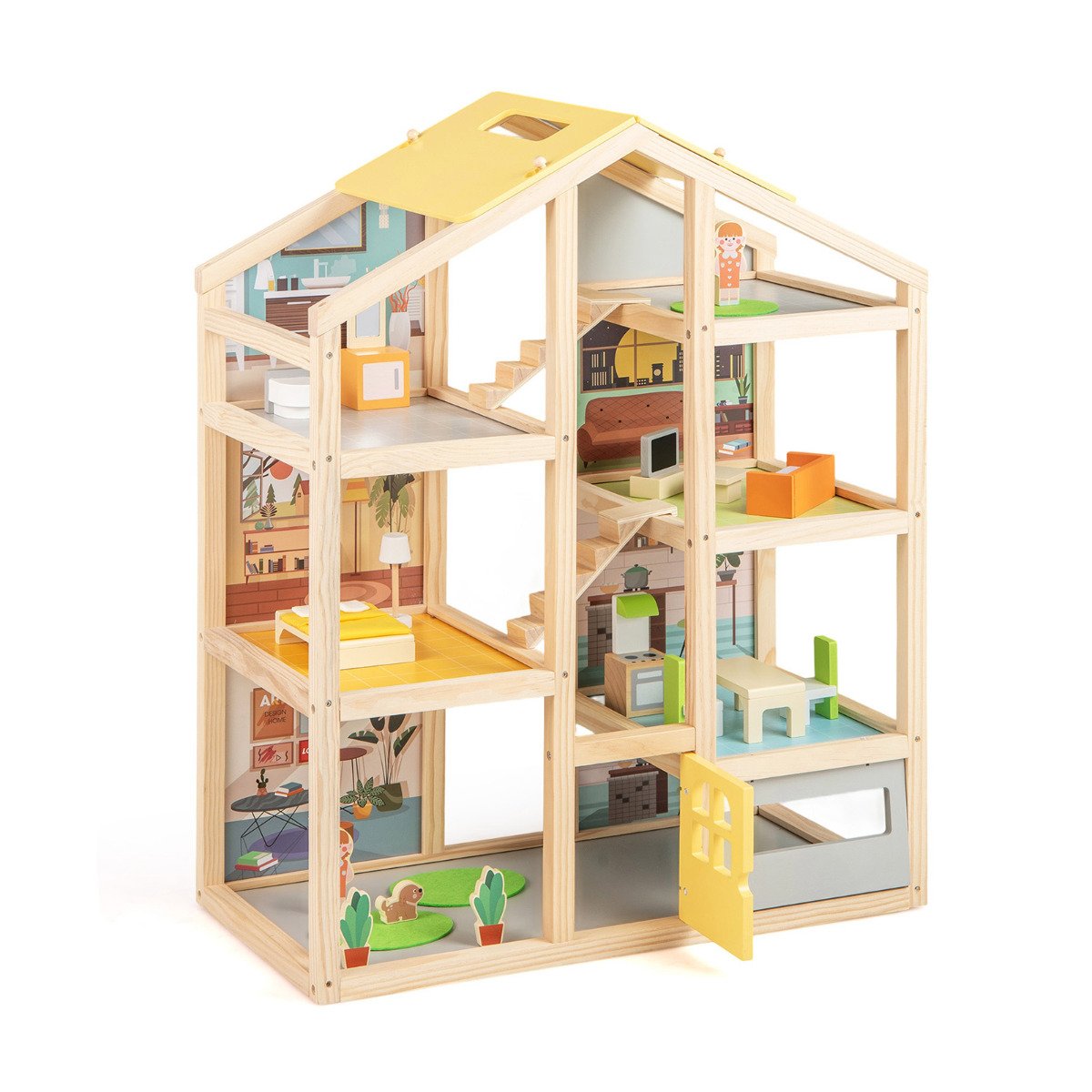 Kids Wooden Dollhouse with 7 Rooms and 18 Pcs Furniture Accessories-Yellow