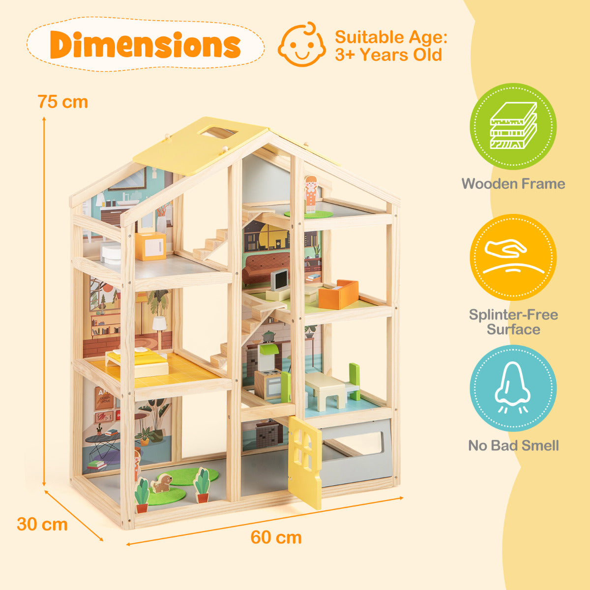 Kids Wooden Dollhouse with 7 Rooms and 18 Pcs Furniture Accessories-Yellow