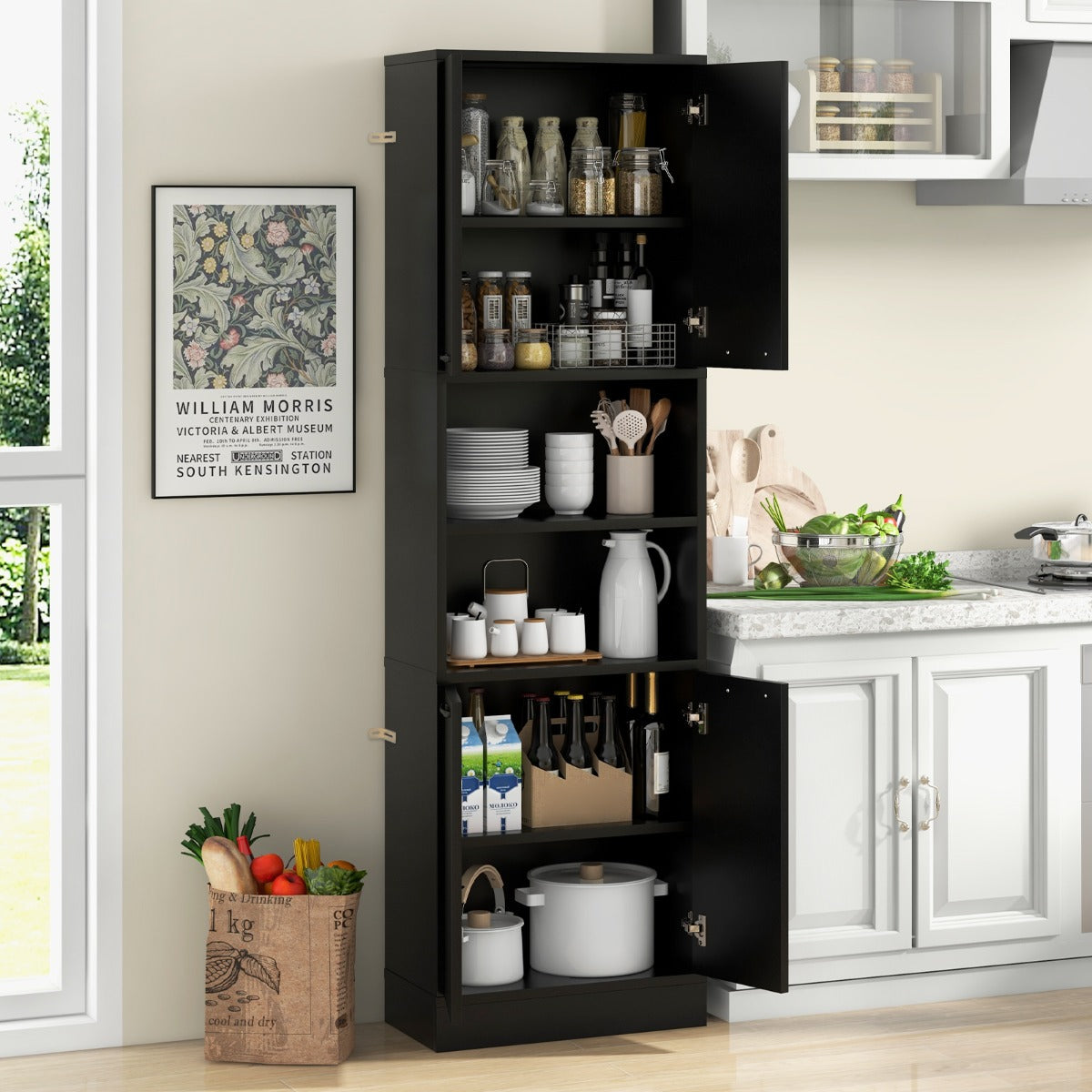 190cm Tall Freestanding Cupboard with Doors and Shelves-Black