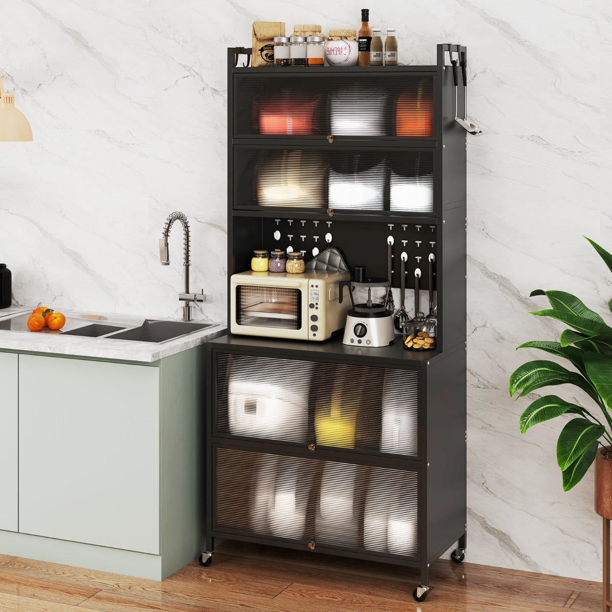 6-Tier Kitchen Pantry Cabinet Buffet Cabinet with Hutch-Black