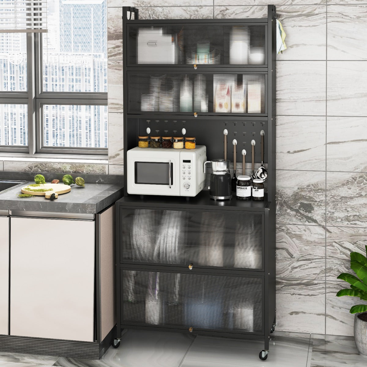 6-Tier Kitchen Pantry Cabinet Buffet Cabinet with Hutch-Black