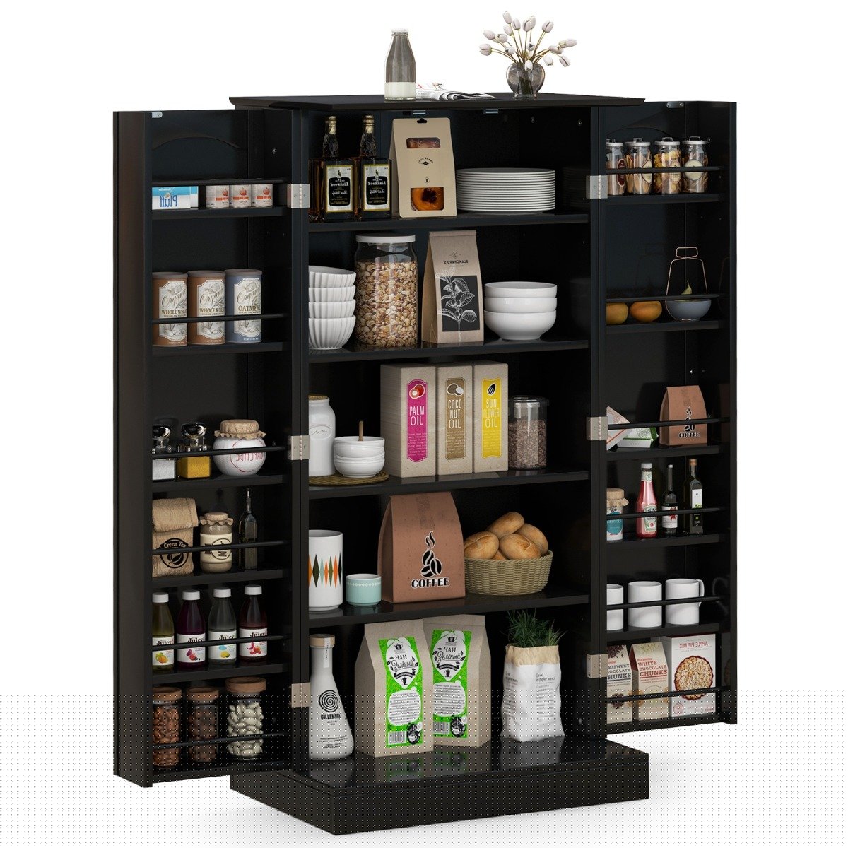 120cm Kitchen Pantry Cabinet with Doors and Adjustable Shelves-Black