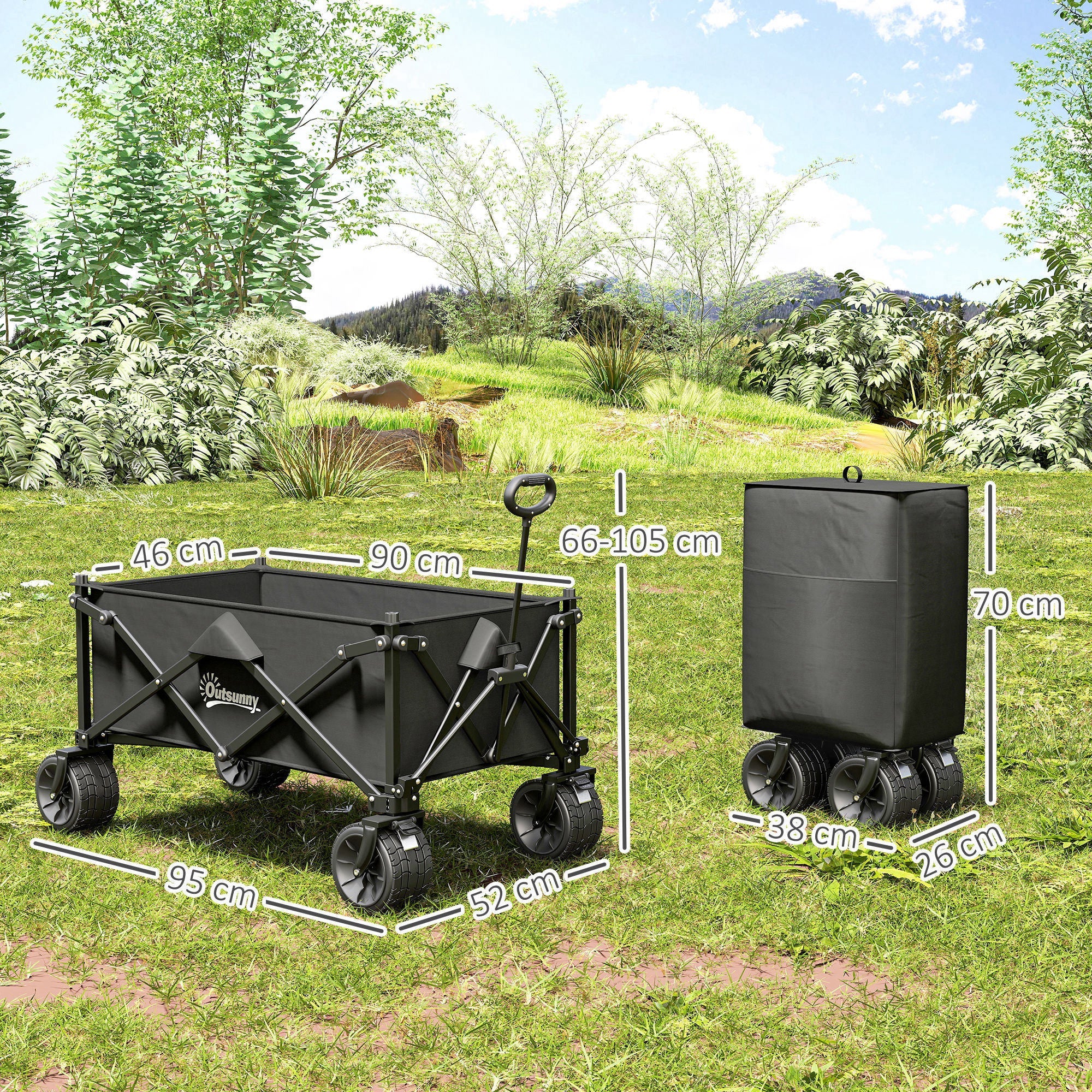 Outsunny Folding Garden Trolley, Outdoor Wagon Cart with Carry Bag, for Beach, Camping, Festival, 120KG Capacity, Black