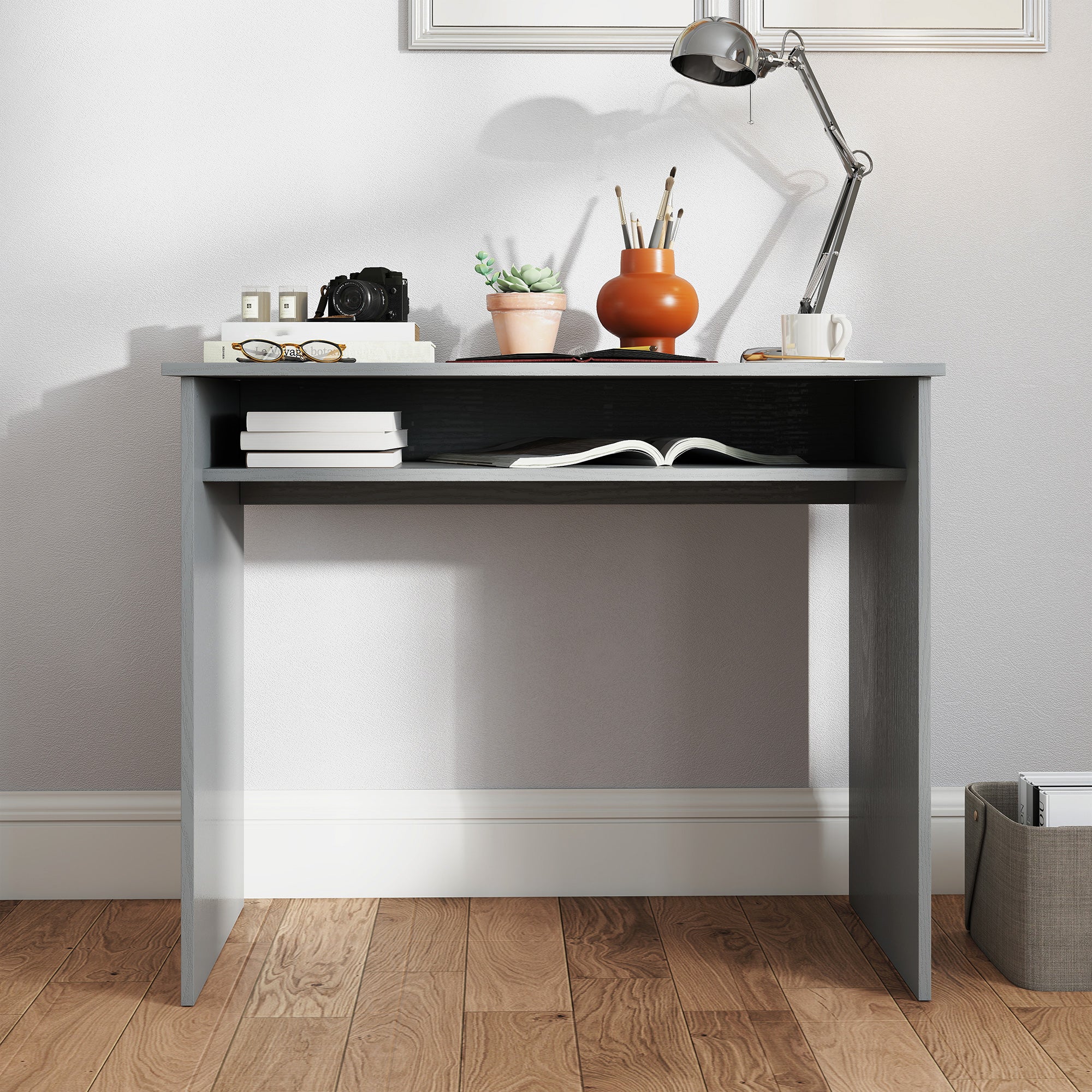 HOMCOM Modern Computer Desk, Home Office Table, Small Writing Desk with Storage Shelf, 90 x 50cm, Grey