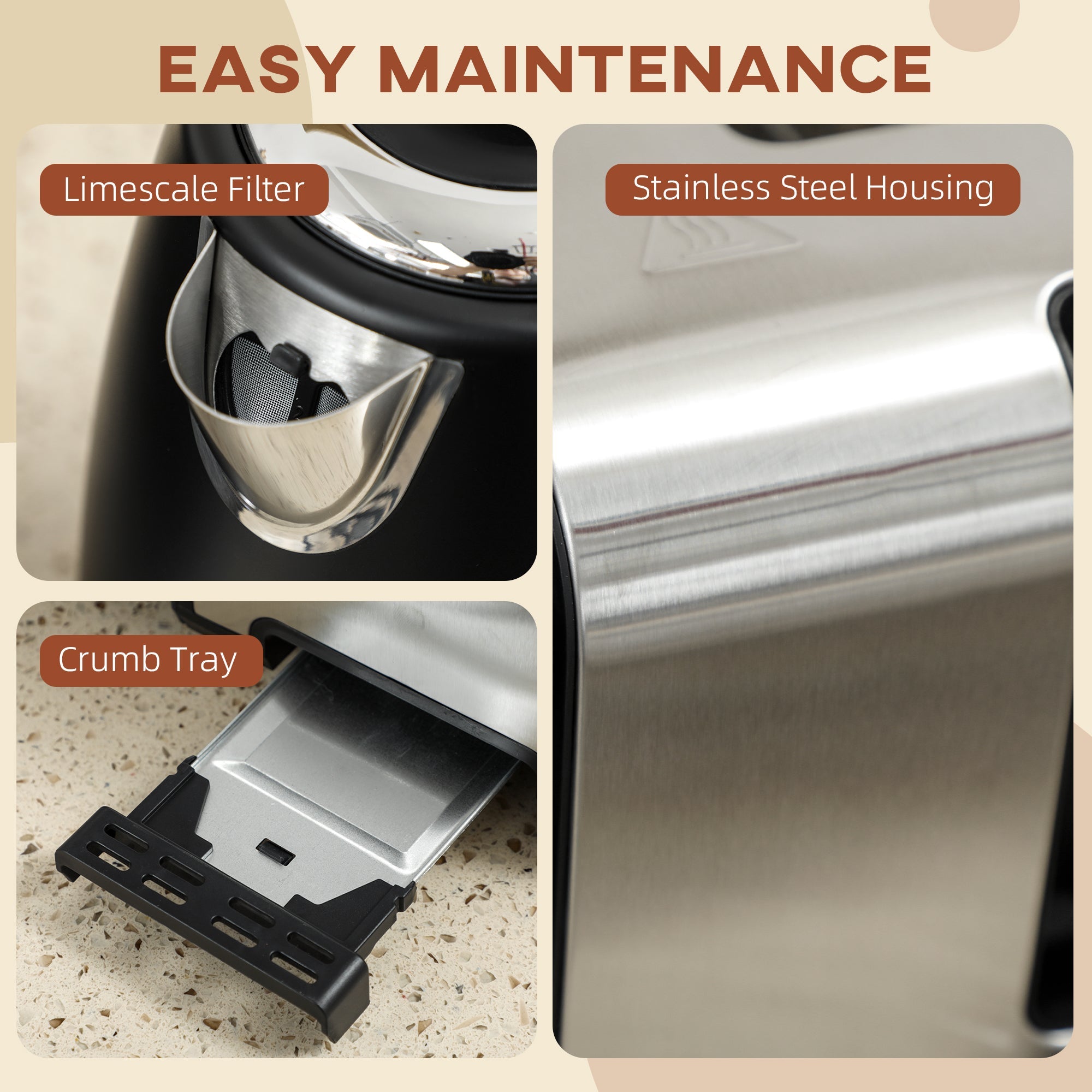 HOMCOM Stainless Steel Kettle and Toaster Set, 1.7L 3000W Rapid Boil Jug Kettle with UK Strix Thermostat, Limescale Filter, 4 Slice Toaster with 7 Browning Controls, Crumb Tray, Black and Silver Tone