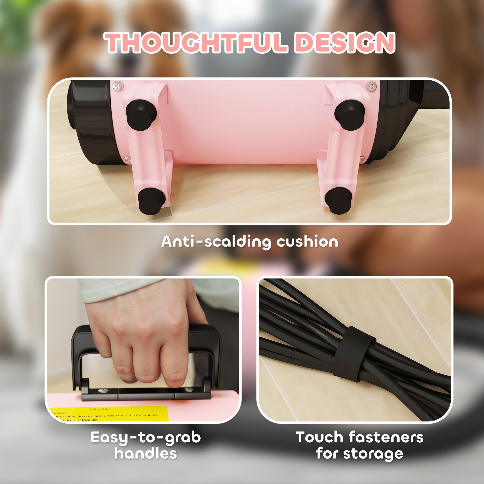 PawHut 2200W Dog Hair Dryer with Adjustable Temperature & Velocity, 3 Different Nozzles, Pink