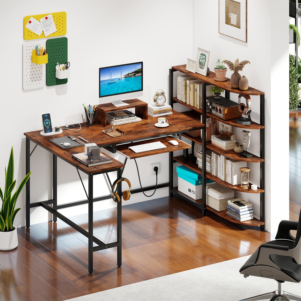L Shaped Desk with Storage Shelves Corner Computer Desk with Charging Station-Rustic Brown