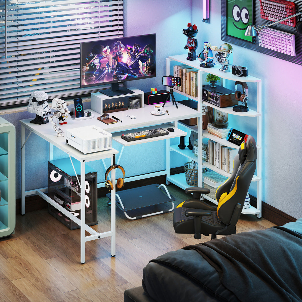 L Shaped Desk with Storage Shelves Corner Computer Desk with Charging Station-White