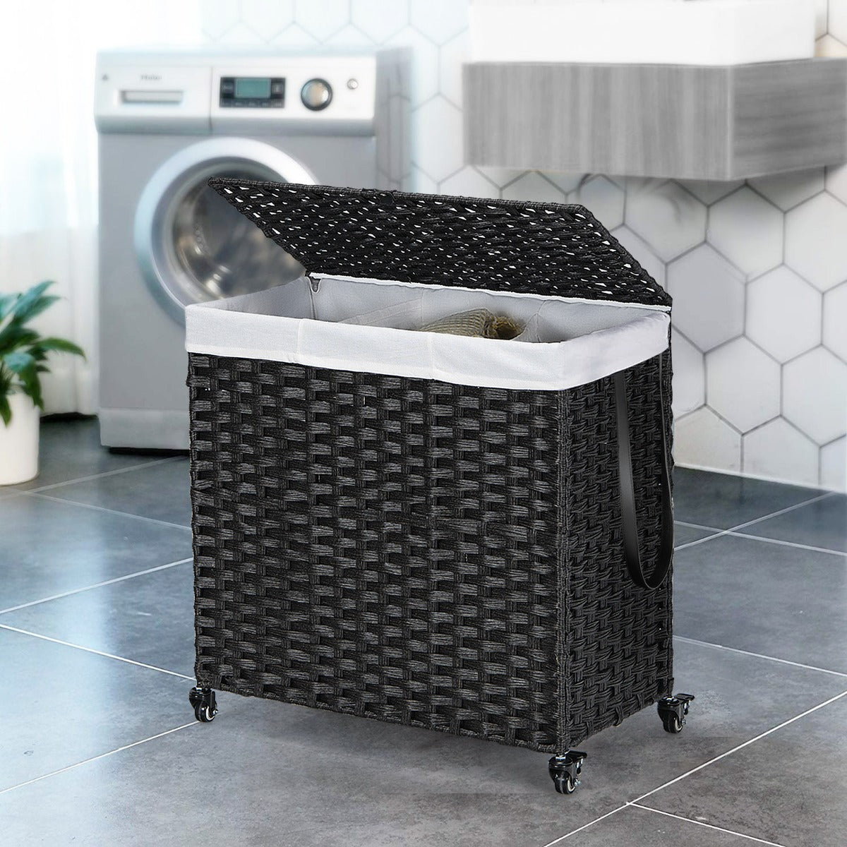 Laundry Hamper with Lid and Wheels and 2 Removable and Washable Liner Bags-Black