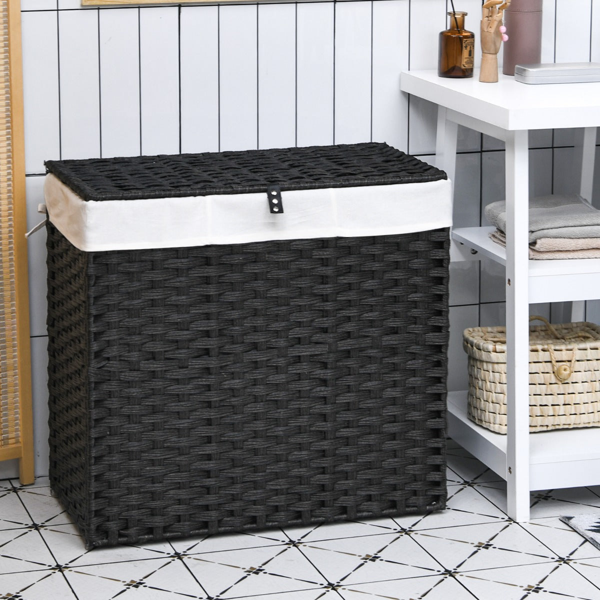 Laundry Hamper with Lid and Wheels and 2 Removable and Washable Liner Bags-Black
