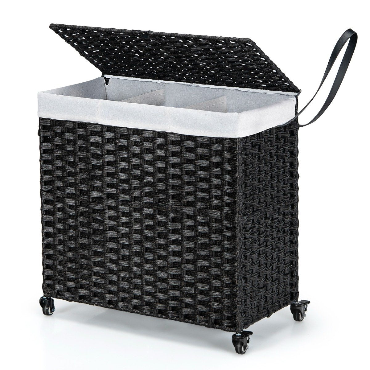 Laundry Hamper with Lid and Wheels and 2 Removable and Washable Liner Bags-Black