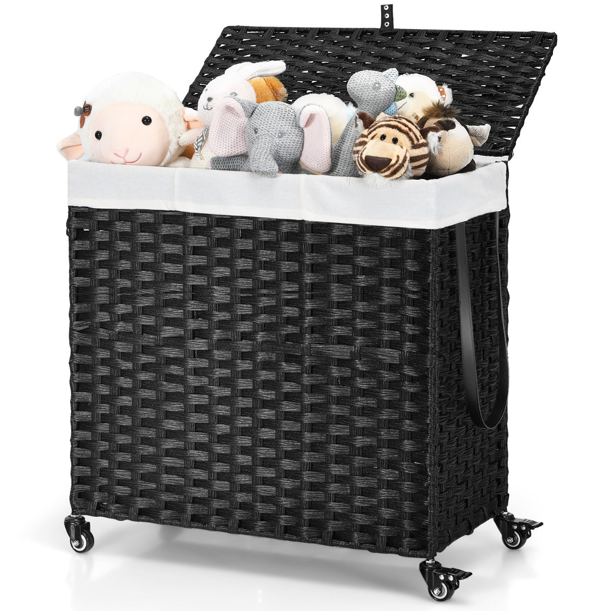 Laundry Hamper with Lid and Wheels and 2 Removable and Washable Liner Bags-Black