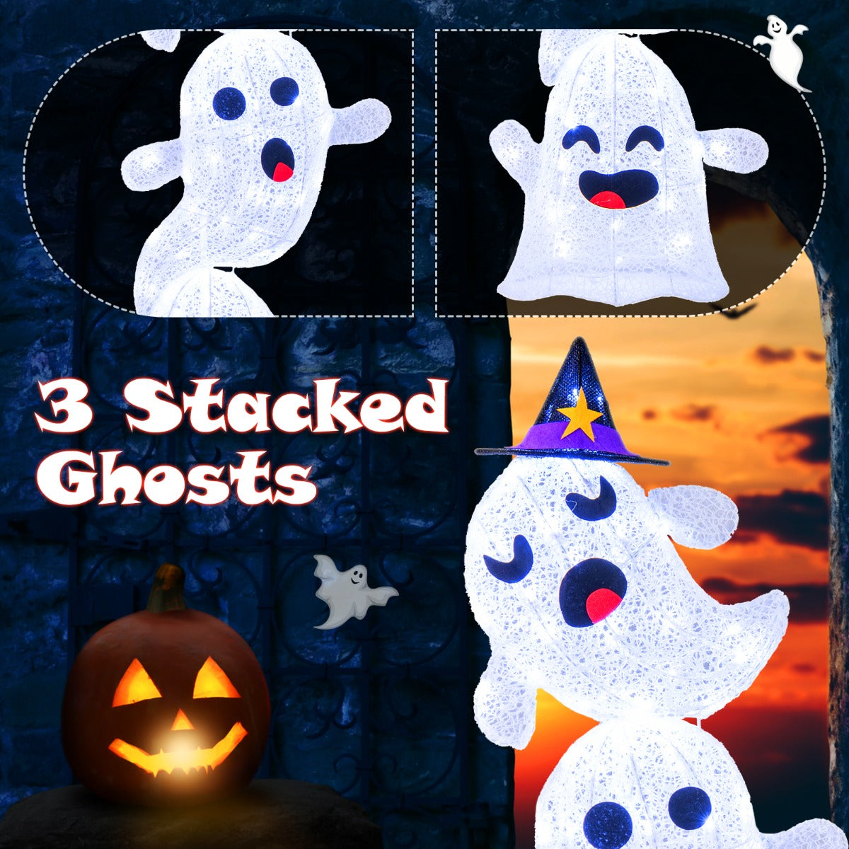 4 FT Lighted Stacked Ghosts with 120 LED Lights and 4 Metal Ground Stakes