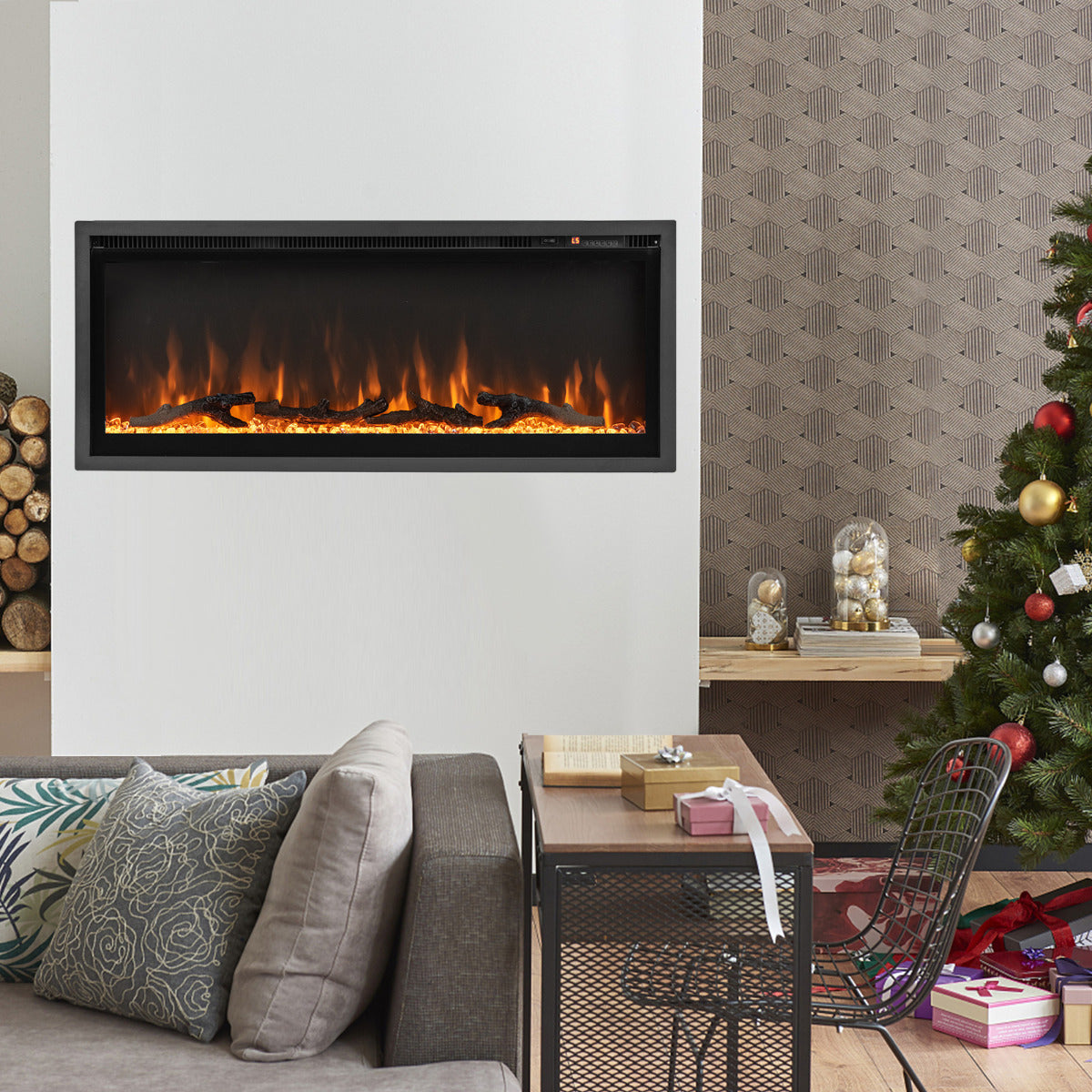 Linear Electric Fireplace with Log and Crystal Decor and Remote Contro-106 cm