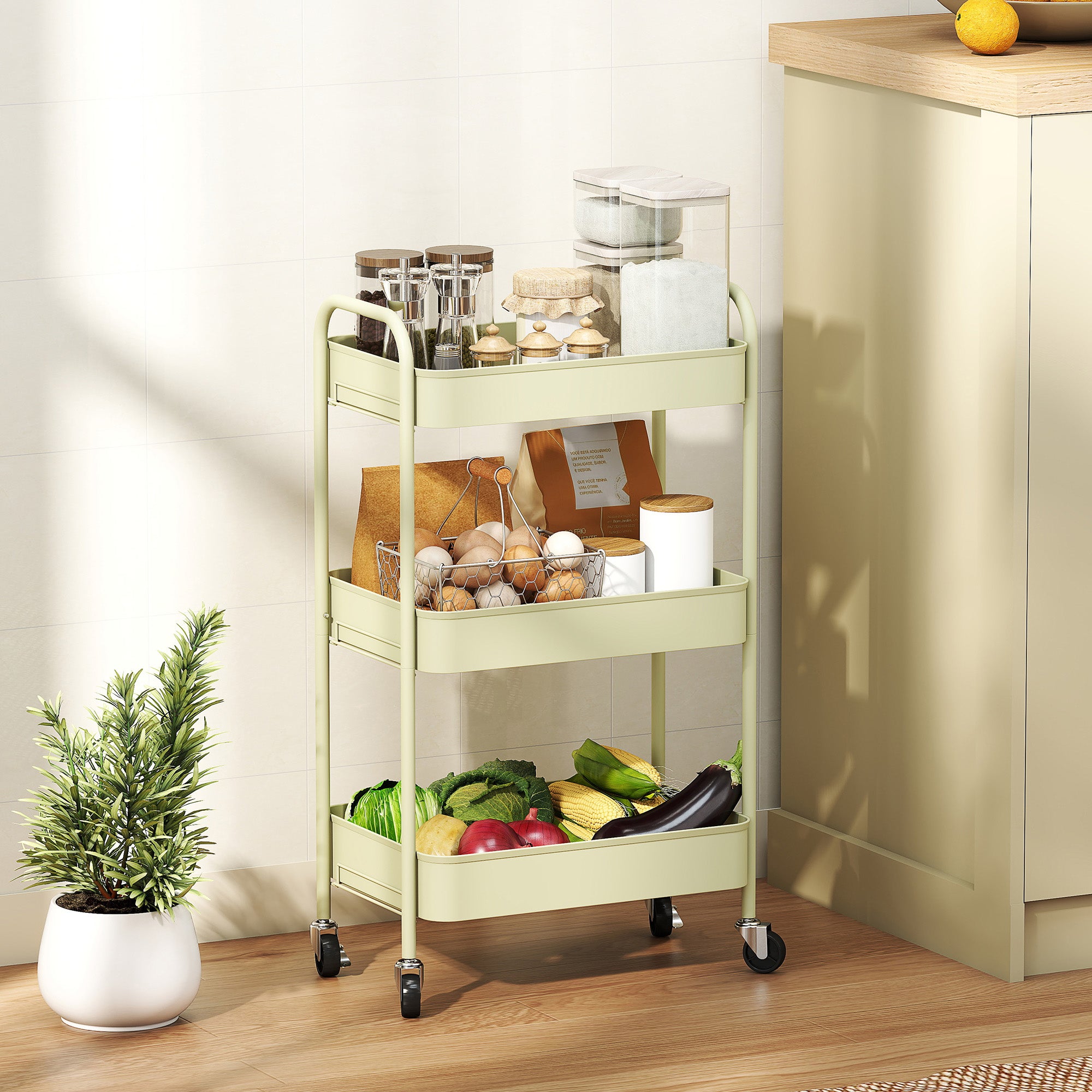 HOMCOM Three-Tier Steel Storage Trolley - Green
