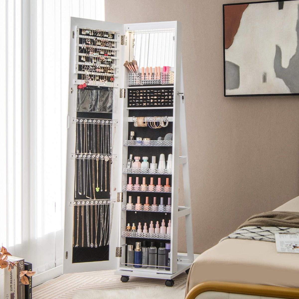 Lockable Jewelry Cabinet Armoire with Built-in Makeup Mirror and 3-Color LED Lights-White