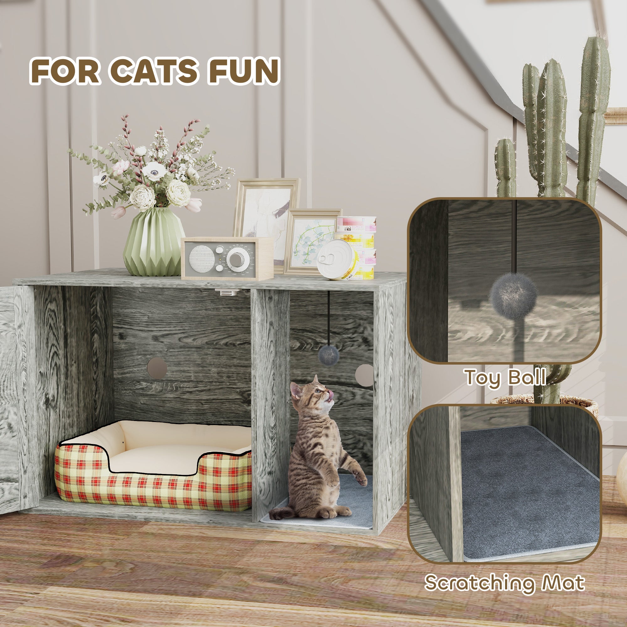 PawHut Cat Litter Box Enclosure with Rattan Door, Scratching Mat, Toy Ball, Non-Slip Foot Pads, Grey