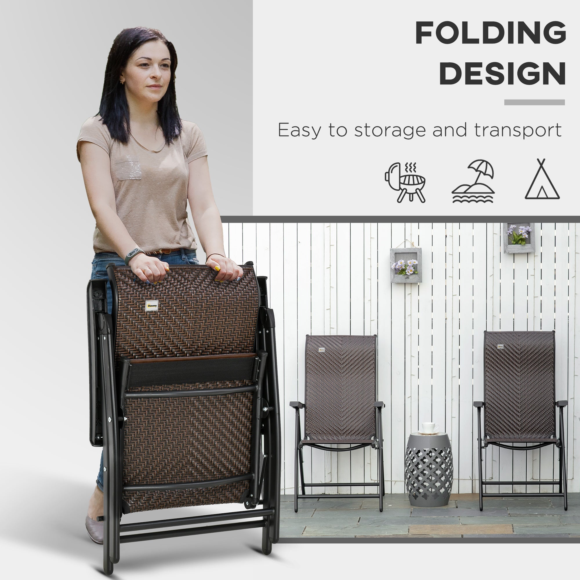 Outsunny Set of Two Folding Garden Chairs, with Seven-Position Adjustable Backs - Brown