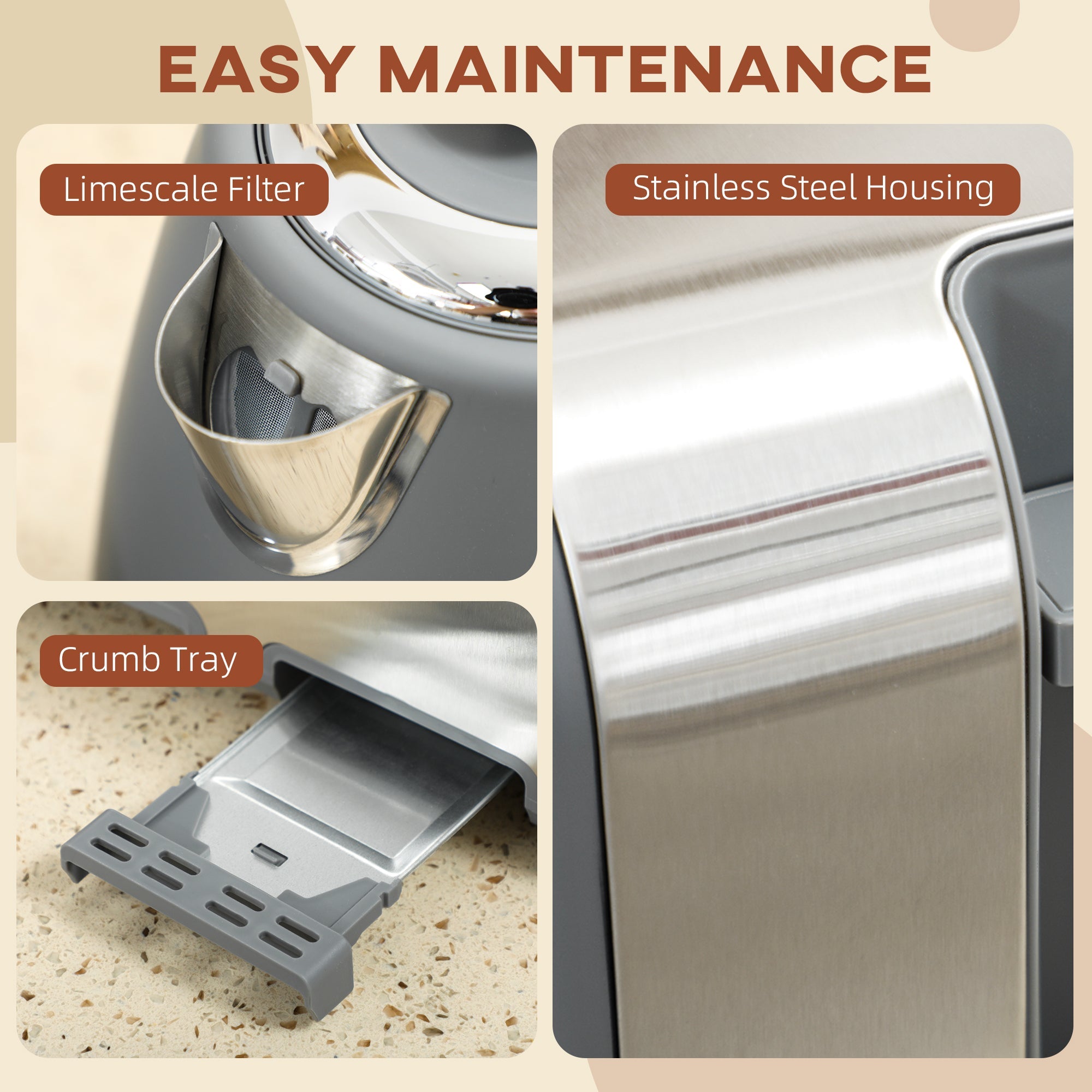 HOMCOM Stainless Steel Kettle and Toaster Set, 1.7L 3000W Rapid Boil Jug Kettle with UK Strix Thermostat, Limescale Filter, 4 Slice Toaster with 7 Browning Controls, Crumb Tray, Grey and Silver Tone