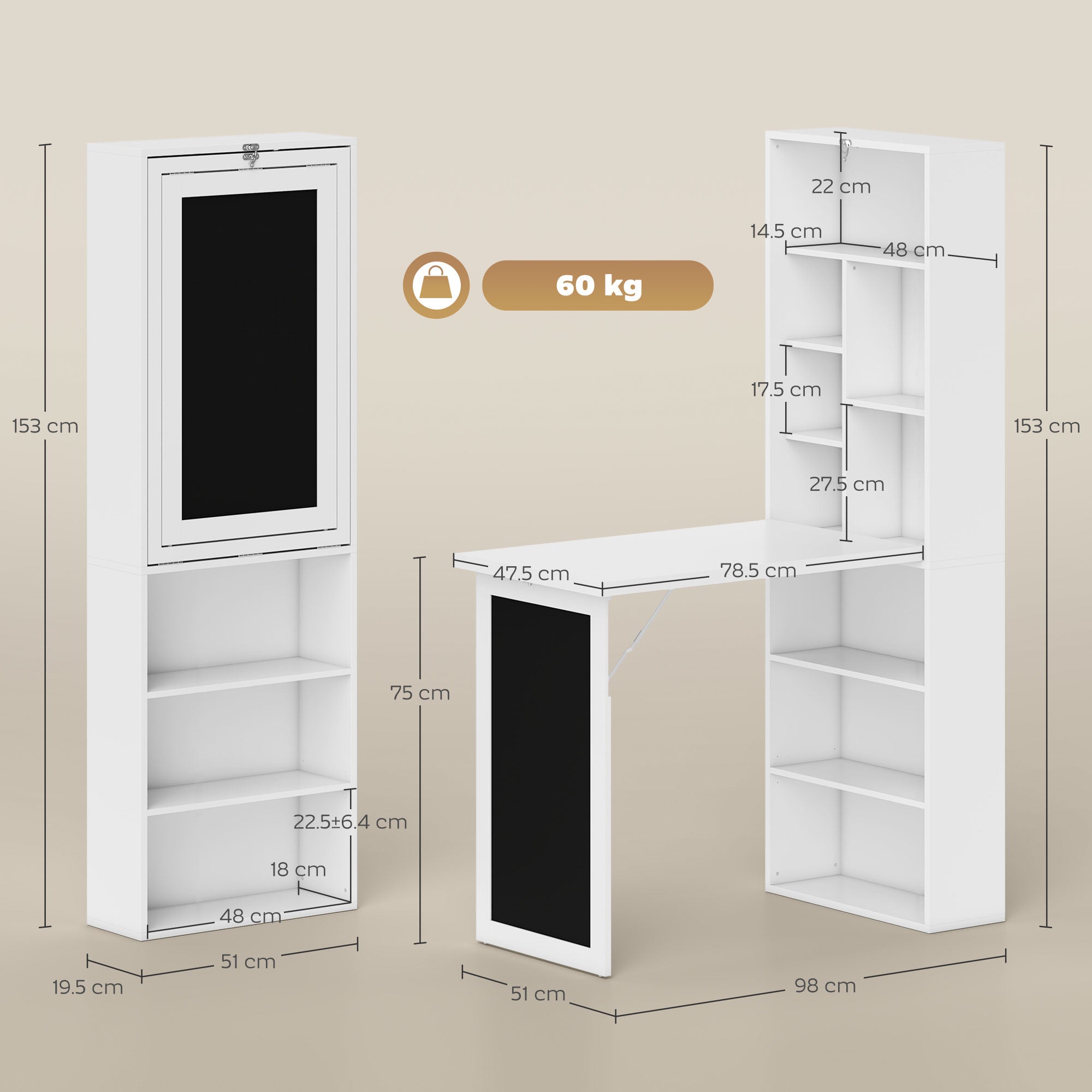 HOMCOM Wall Mounted Computer Desk, Folding Study Table with Black Board and Bookshelf, Multifunctional Floating Writing Desk for Home Office, White