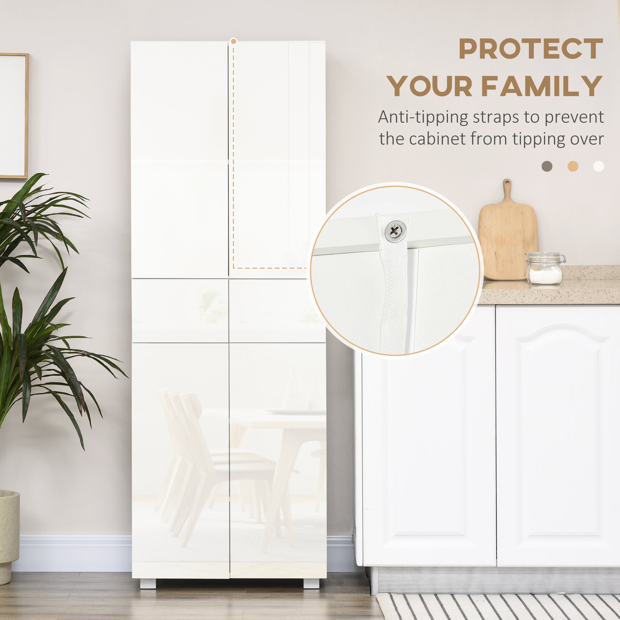 HOMCOM 4-Door Kitchen Cupboard, Tall Freestanding 5-Tier Storage Cabinet with 3 Adjustable Shelves, 2 Drawers for Living Room, Dining Room, Push to Open Design, High Gloss White