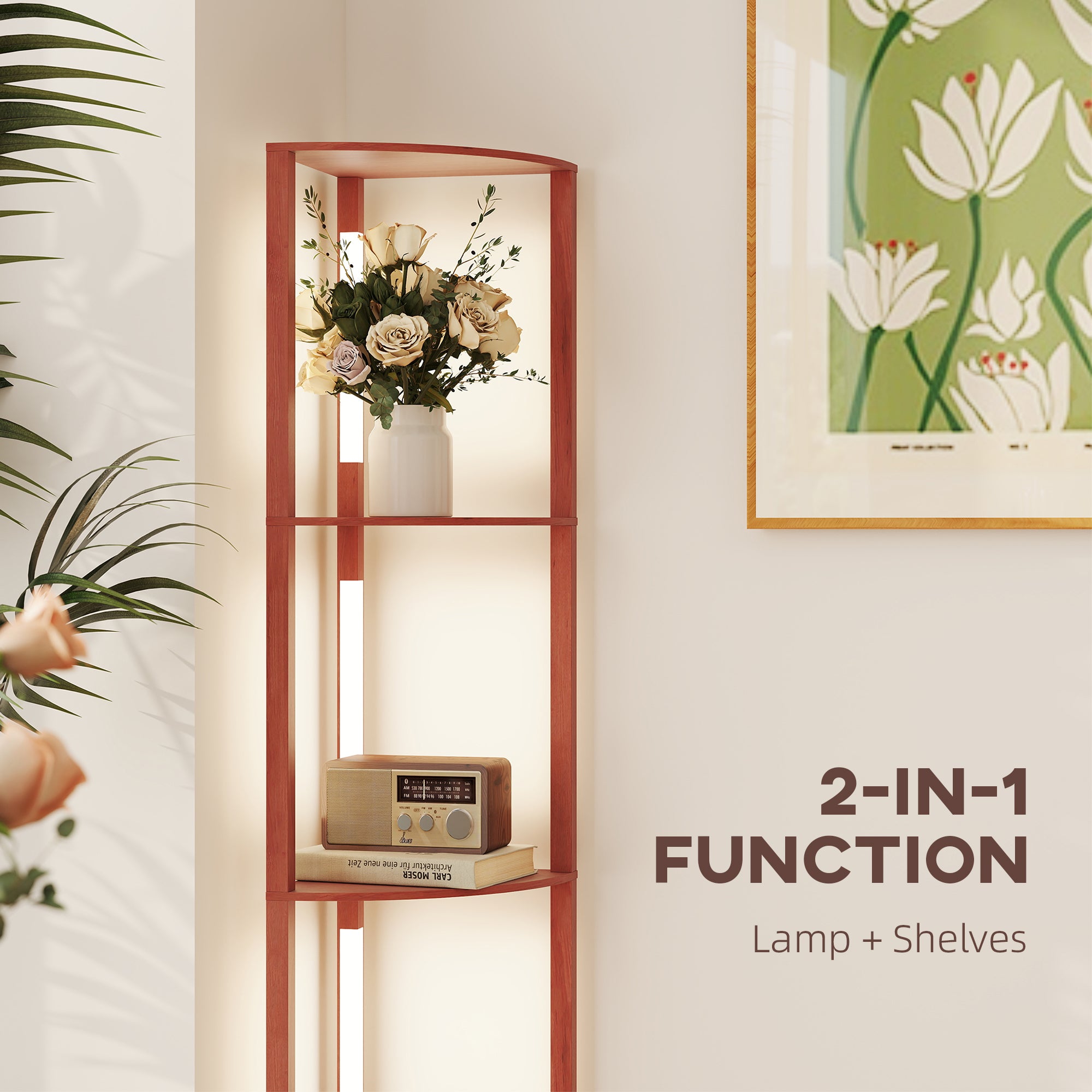 HOMCOM Corner Floor Lamp for Living Room Bedroom with Dimmable Warm White LED Light, Modern Tall Standing Lamp, Brown