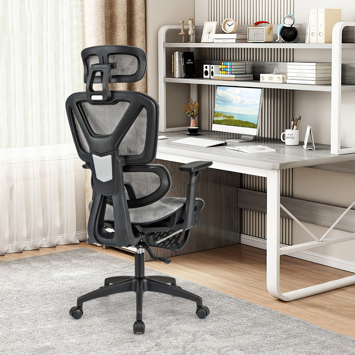 Mesh Office Chair with Retractable Footrest and Waterfall Seat-Grey