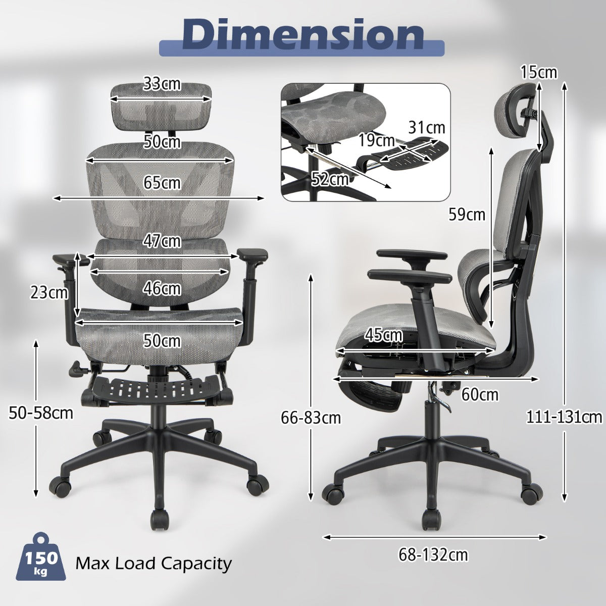 Mesh Office Chair with Retractable Footrest and Waterfall Seat-Grey