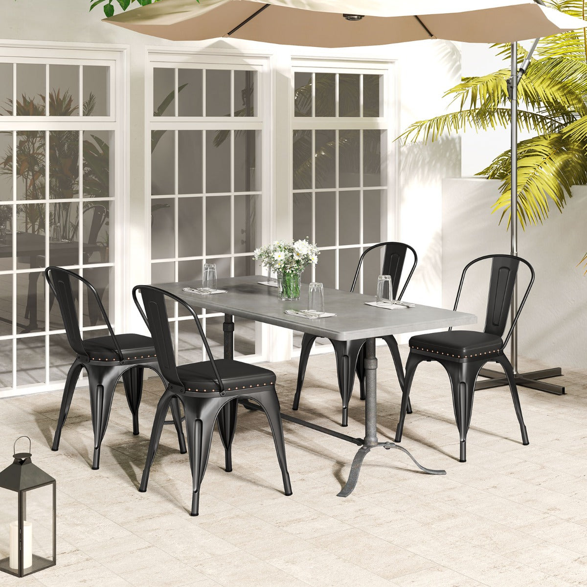 Metal Dining Chair Set of 4 with Removable Backs and PU Leather Cushioned Seat-Black