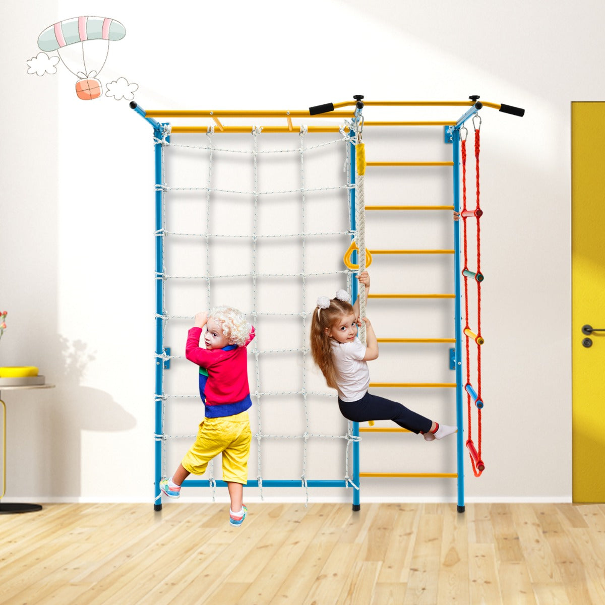 Metal Swedish Ladder Wall Bars for Kids with Gym Rings Climbing Net-Yellow