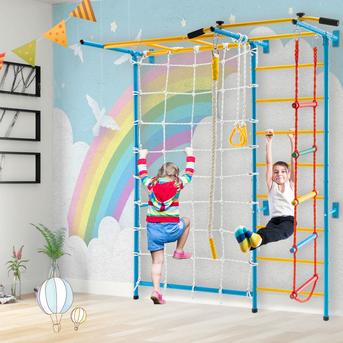 Metal Swedish Ladder Wall Bars for Kids with Gym Rings Climbing Net-Yellow