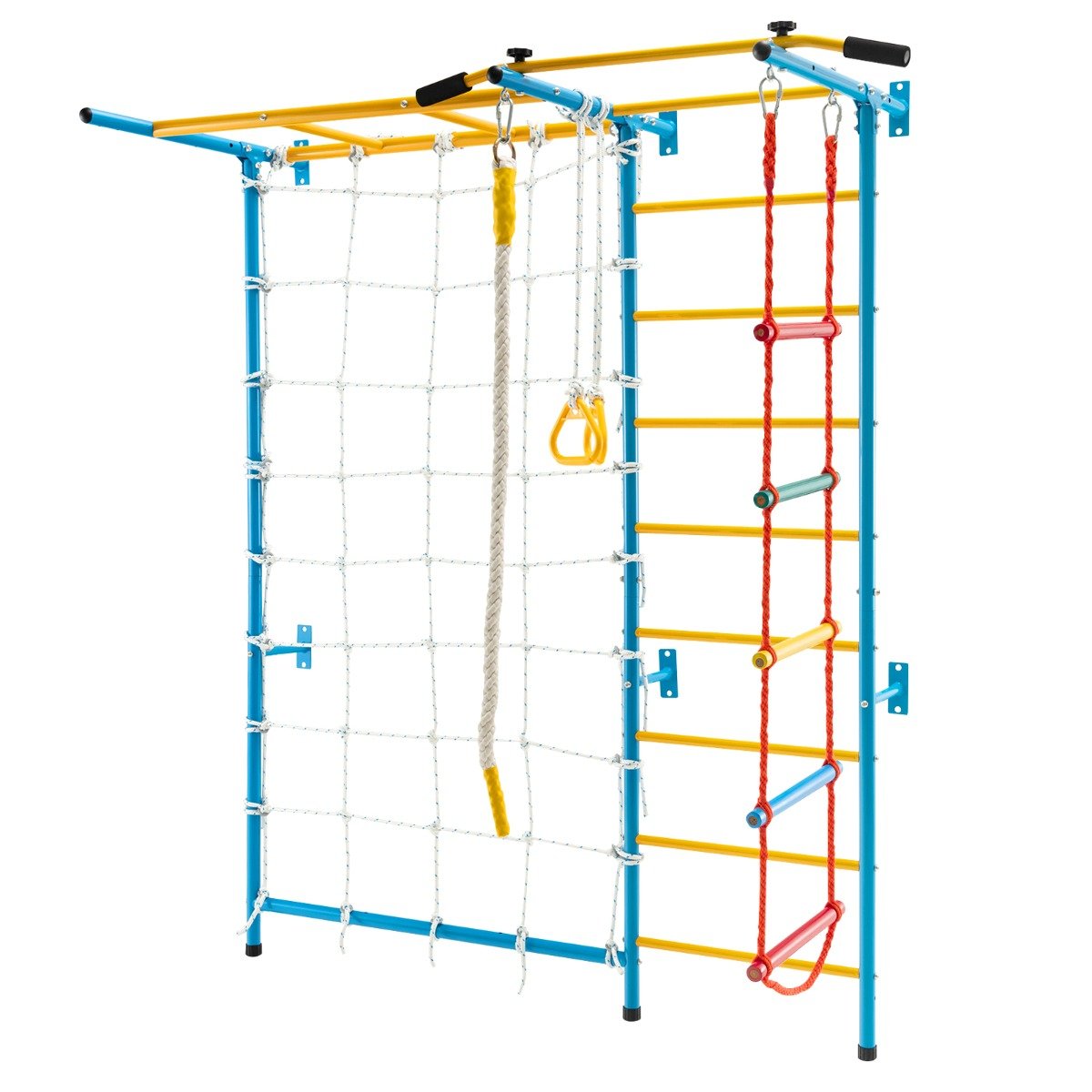 Metal Swedish Ladder Wall Bars for Kids with Gym Rings Climbing Net-Yellow