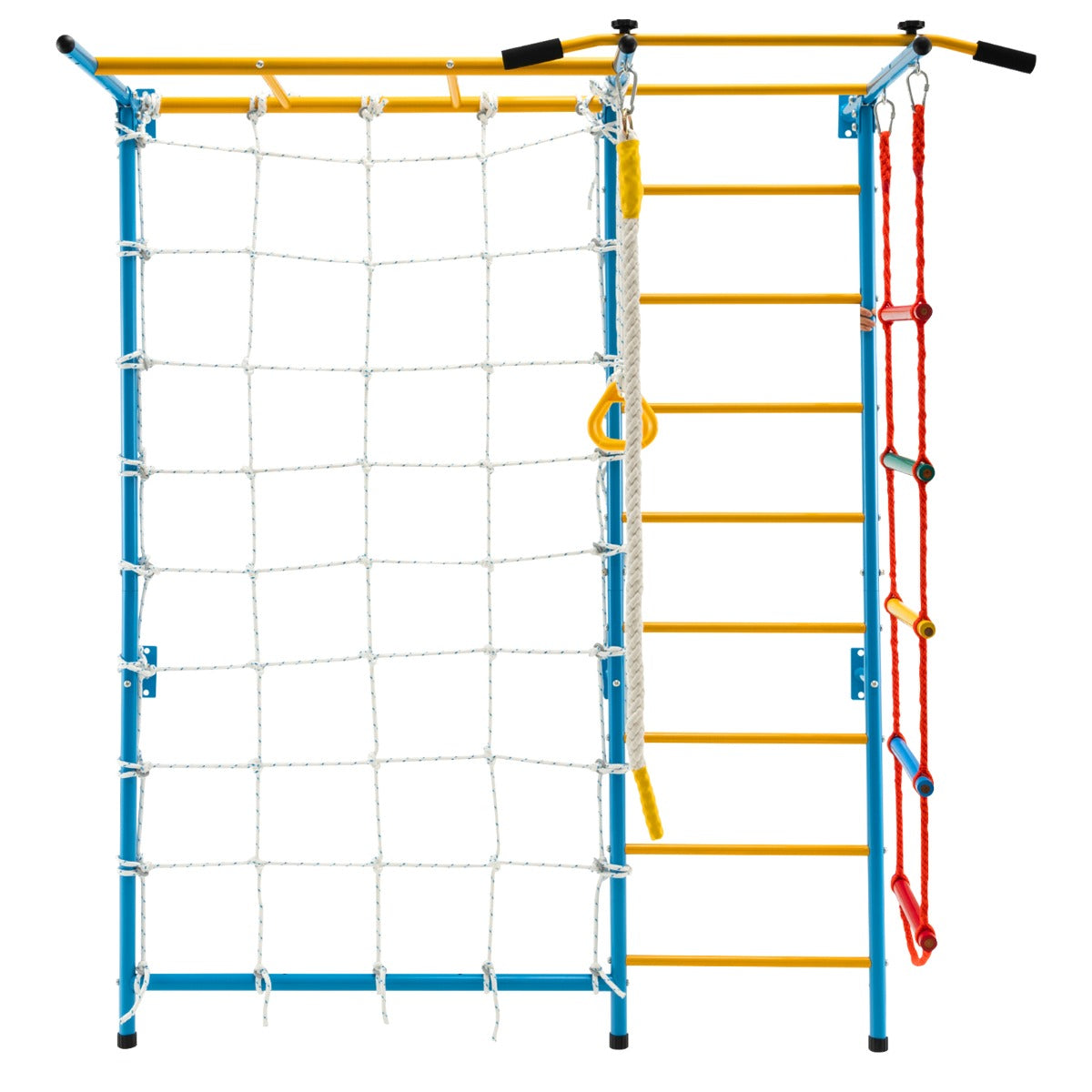 Metal Swedish Ladder Wall Bars for Kids with Gym Rings Climbing Net-Yellow