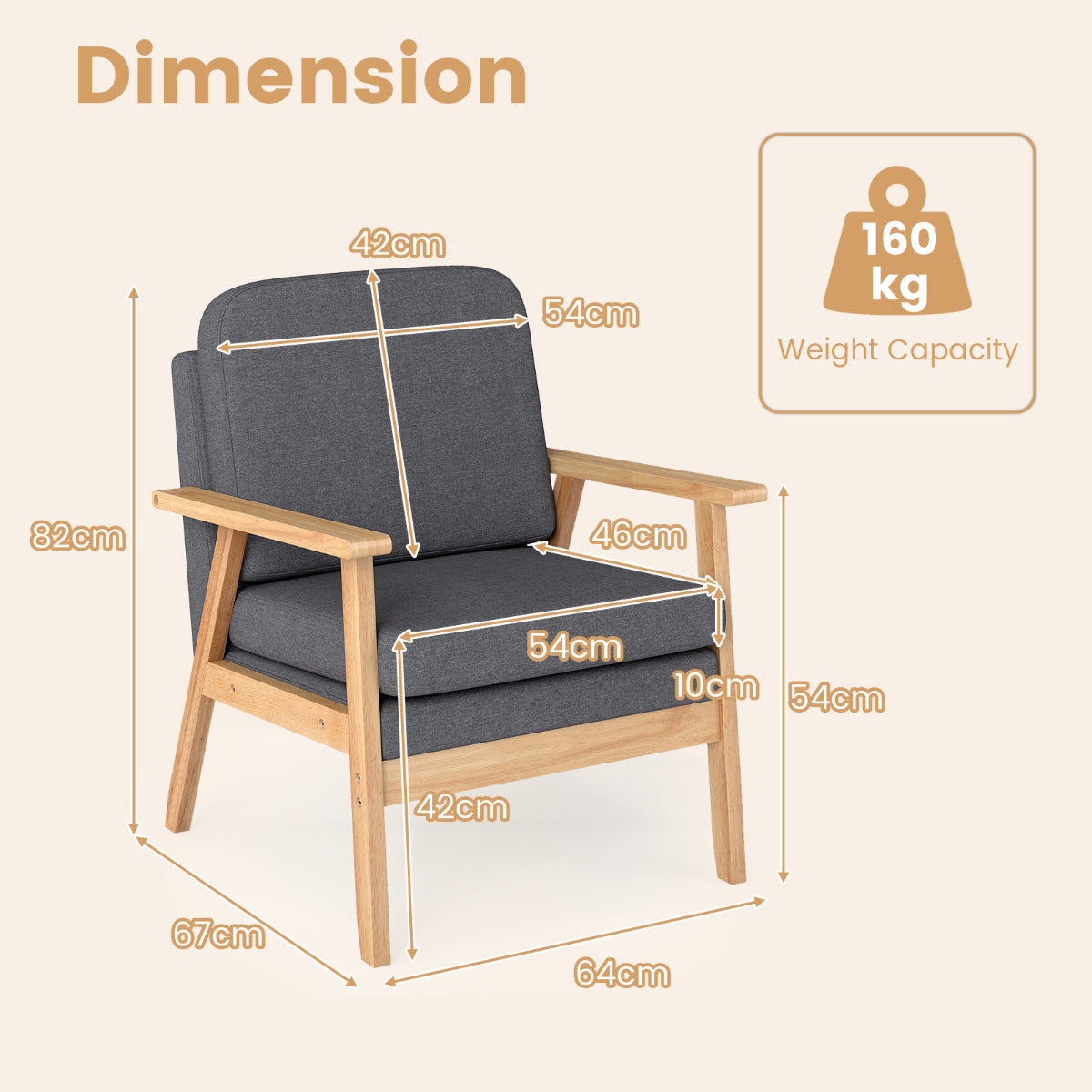 Mid-Century Accent Chair with Solid Wood Frame-Grey