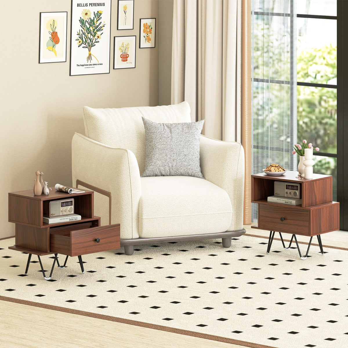 Mid Century Modern End Tables Set of 2 with Removable Drawer-Walnut