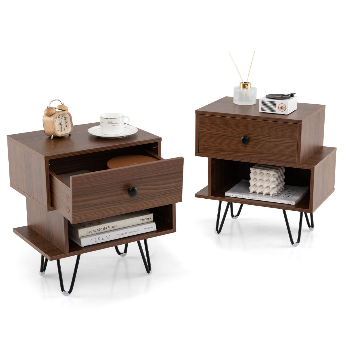 Mid Century Modern End Tables Set of 2 with Removable Drawer-Walnut